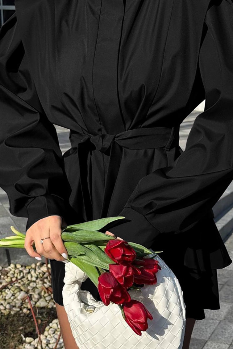 Tie-Waist Collared Long Sleeve Loose Trench Coat