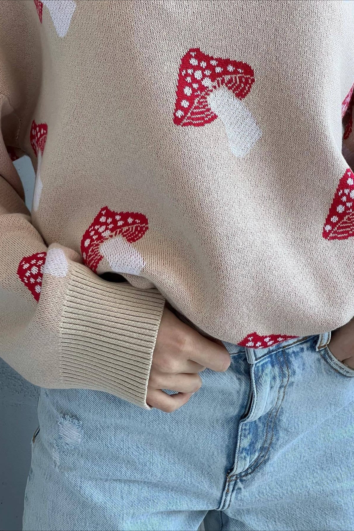 Mushroom Design Knitted Cozy Sweater
