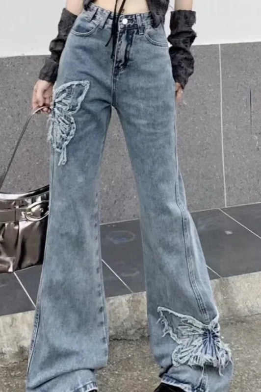 Washed Butterfly Embroidered Flare Jean
