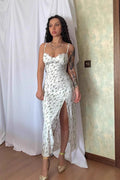 Lace V Neck Split Strap Floral Dress