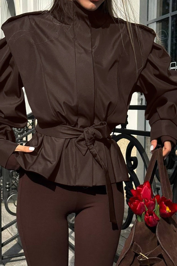 Tie-Waist Collared Long Sleeve Loose Trench Coat