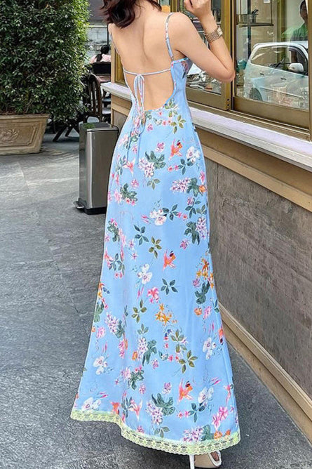 Strap Lace Backless Ruffle Floral Dress