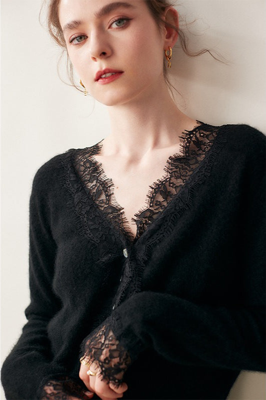 Cashmere Lace-Edge V-Neck Knit Cardigan