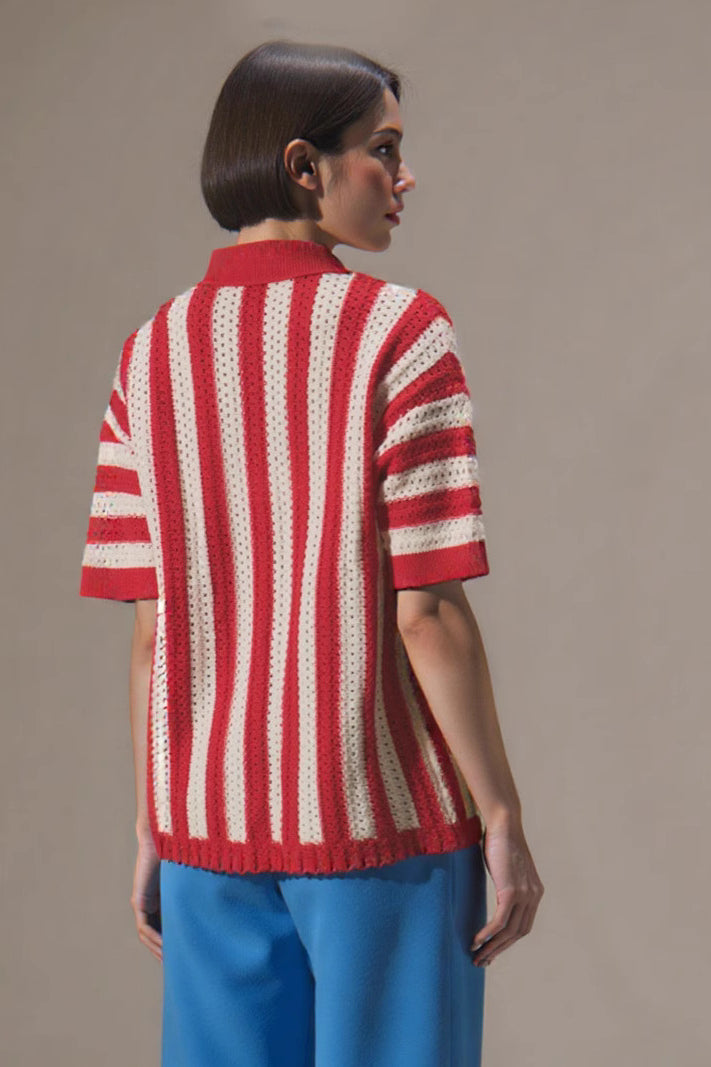 Colorblock Striped Lapel Knit Cardigan