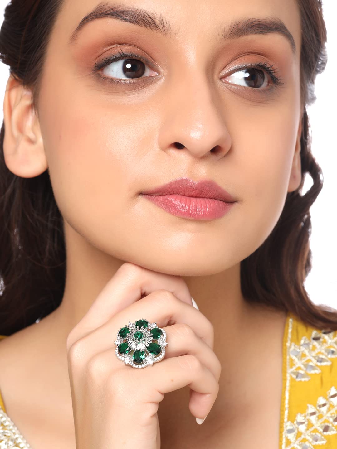 Rhodium AD Studded Floral Adjustable Ring