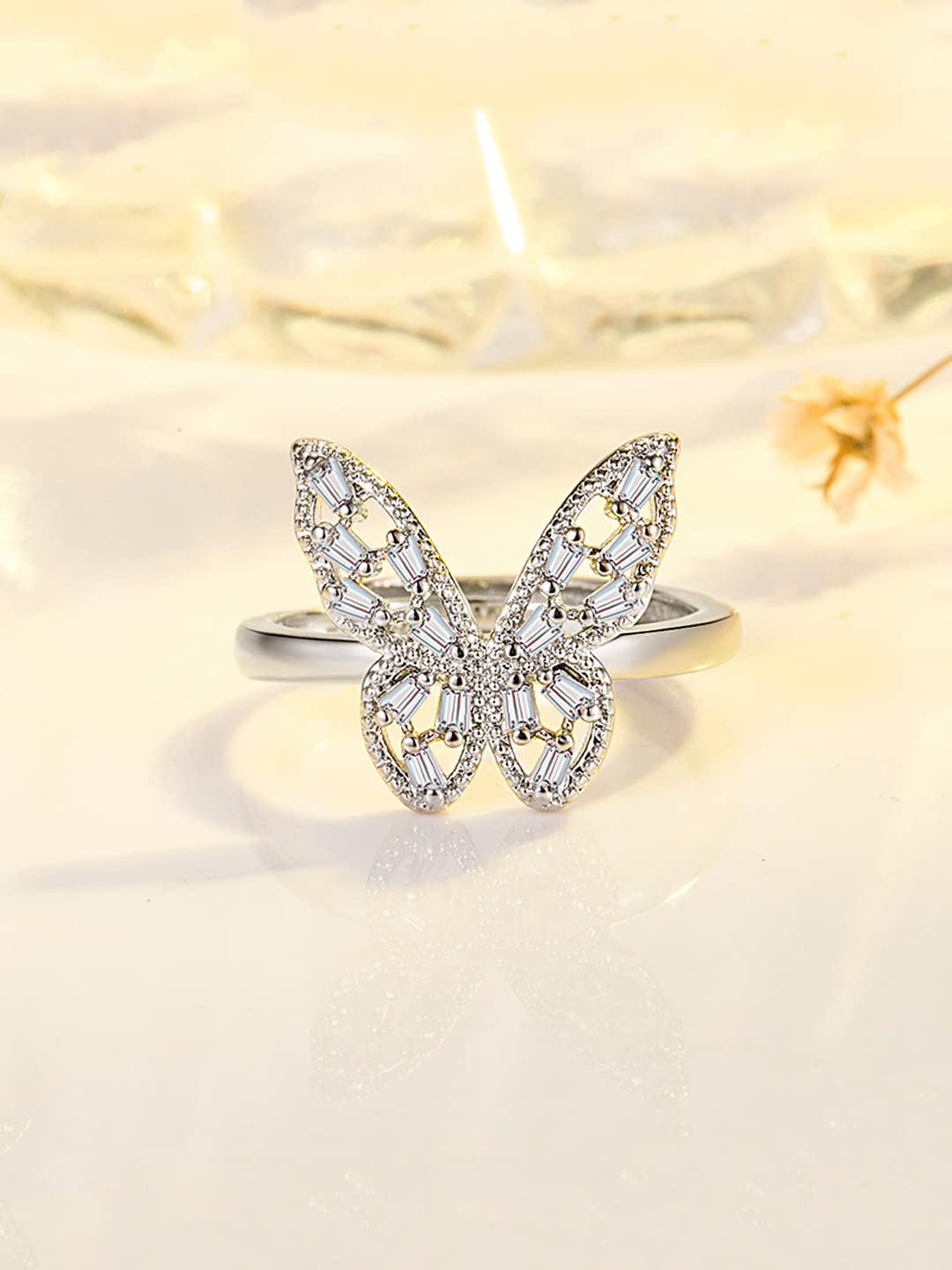 Rhodium Plated Butterfly Charm Finger Ring
