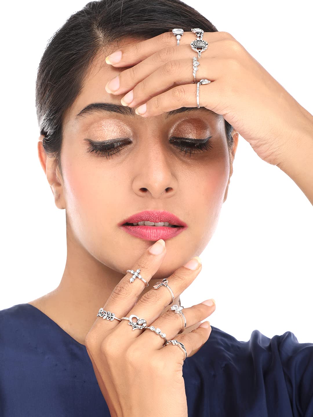 Oxidised Silver Fourteen Piece Midi Ring