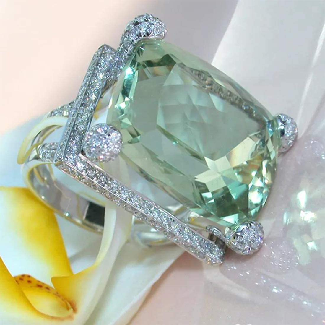 Silver Plated Green Emerald Square Ring