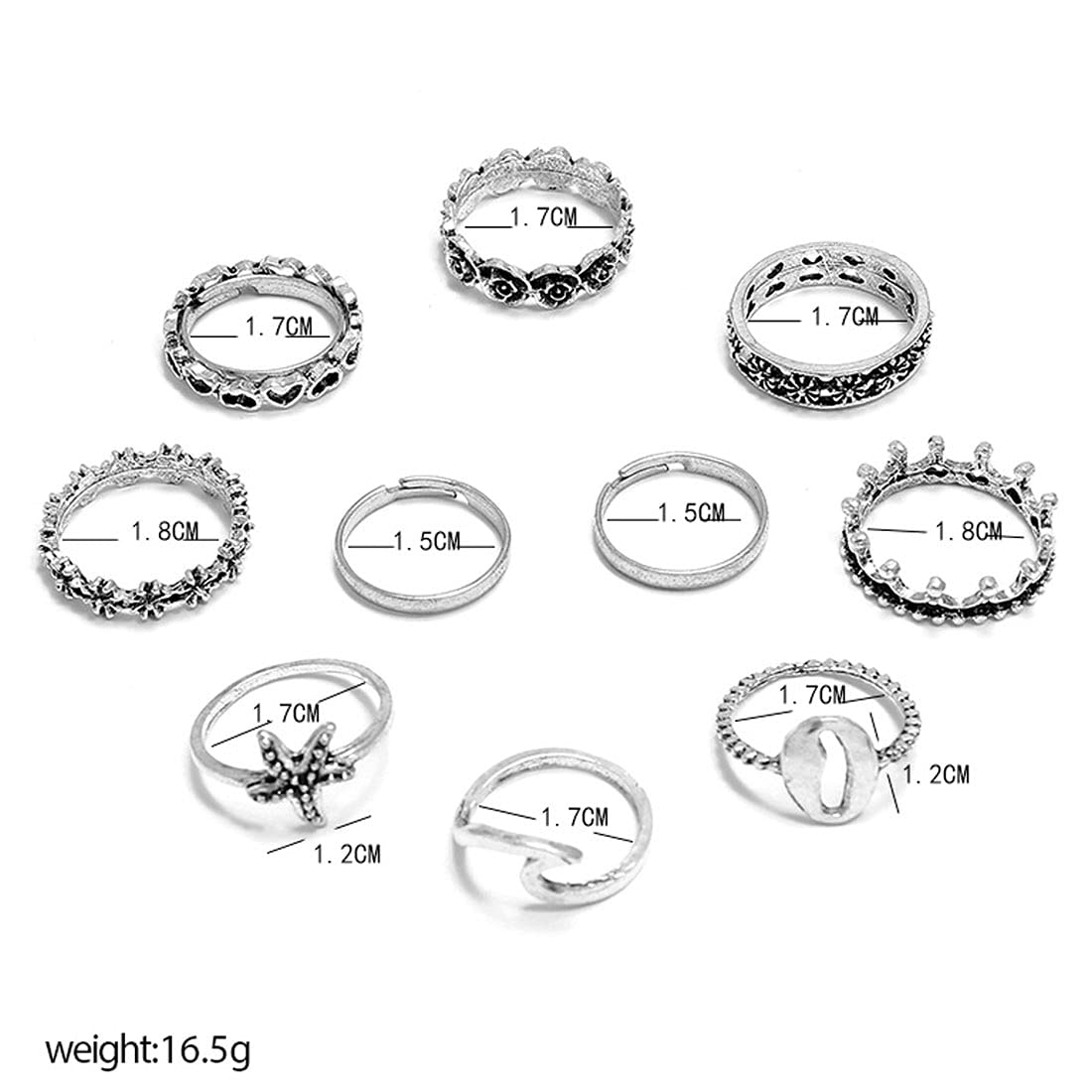 Silver Oxidised Ten Piece Boho Midi Finger Ring