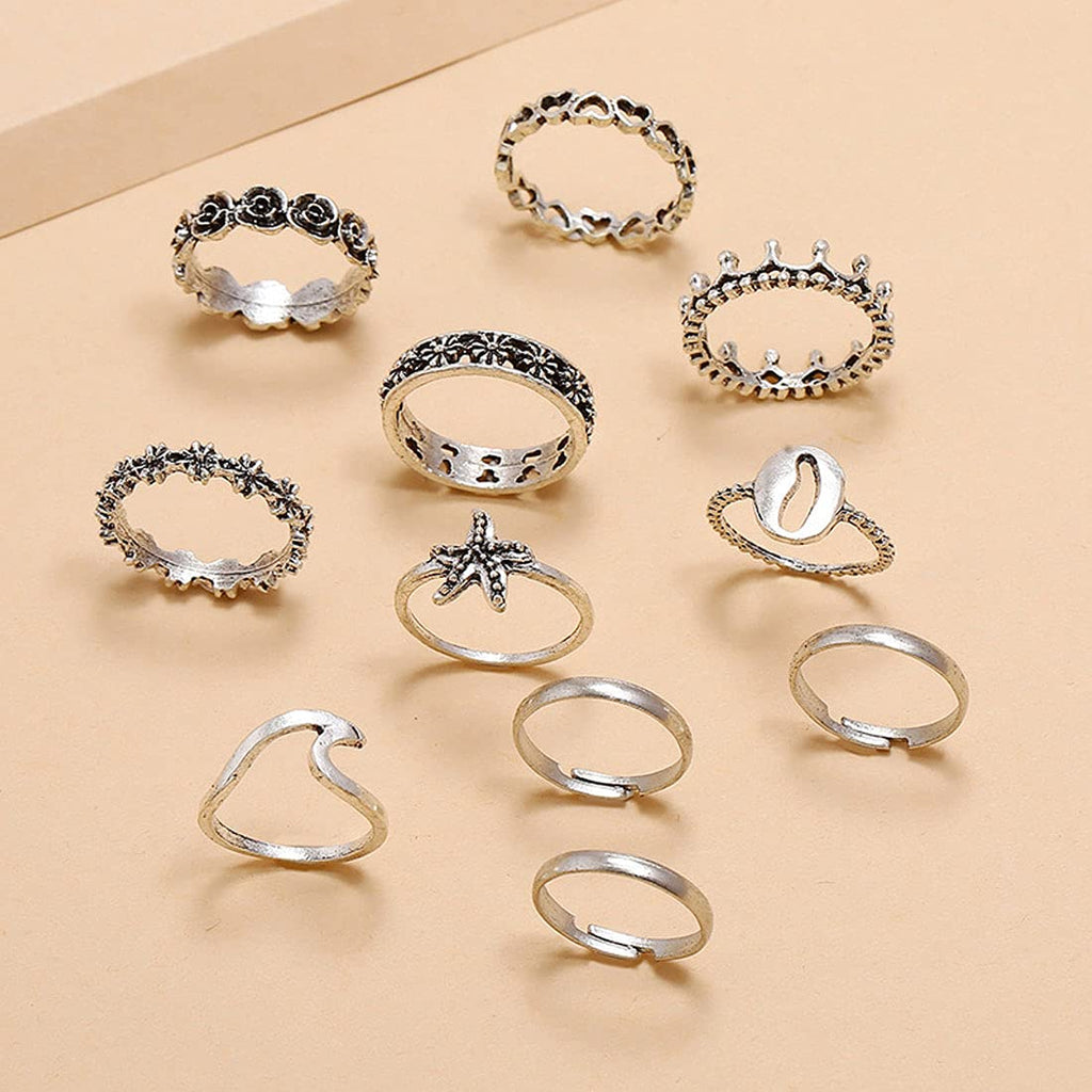 Silver Oxidised Ten Piece Boho Midi Finger Ring