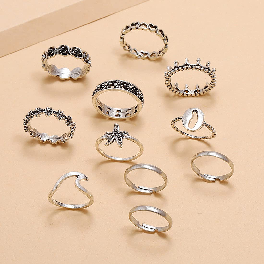 Silver Oxidised Ten Piece Boho Midi Finger Ring