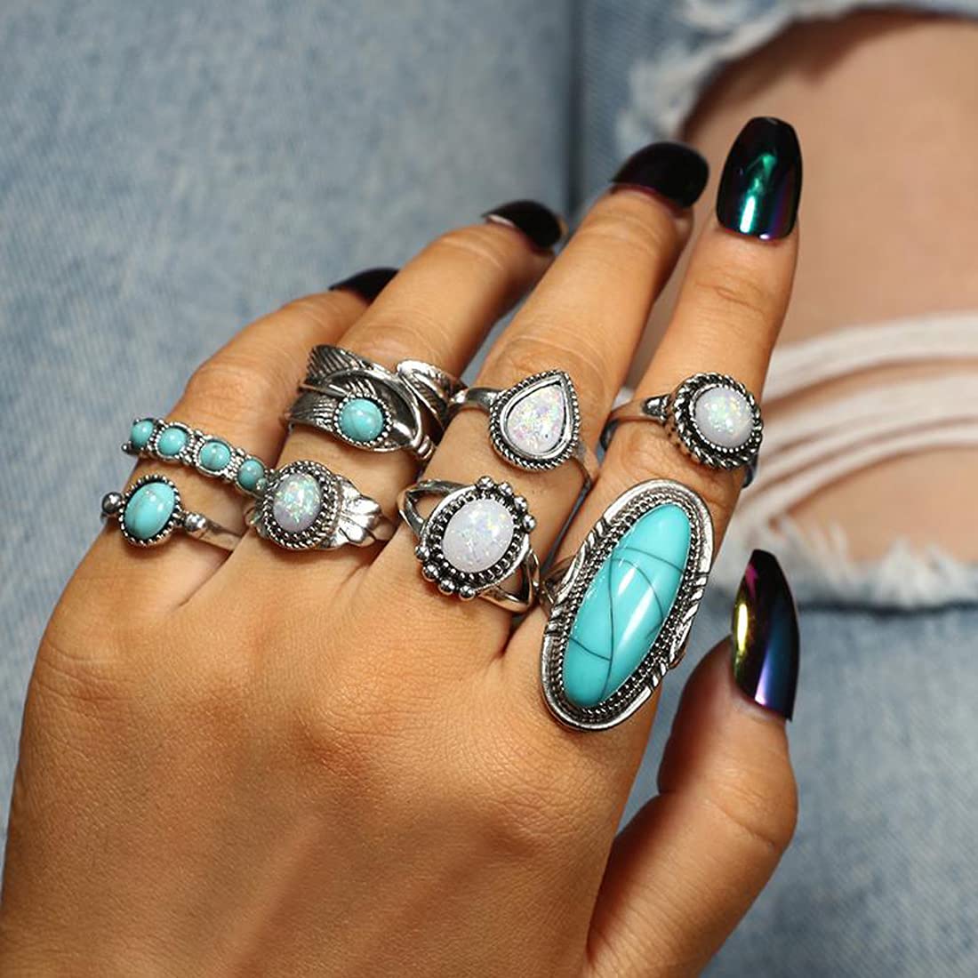 Oxidised Silver Turquoise Eight Piece Midi Ring