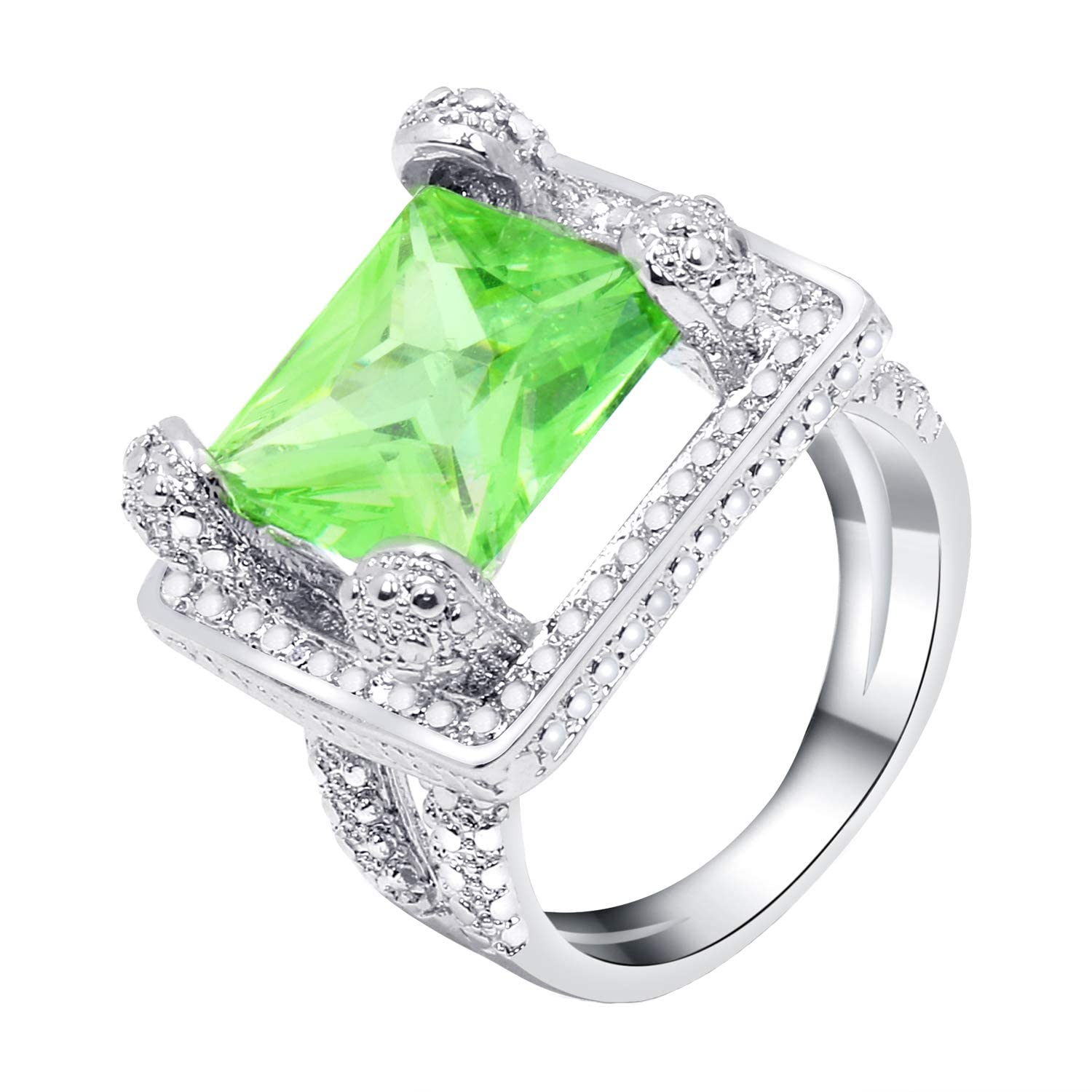 Silver Plated Light Green Emerald Square Ring