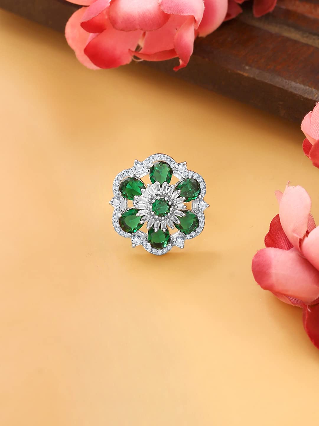 Rhodium AD Studded Floral Adjustable Ring