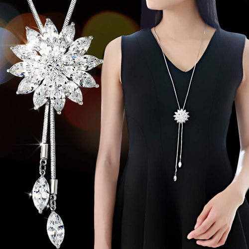 Crystal Flower Long Chain Necklace