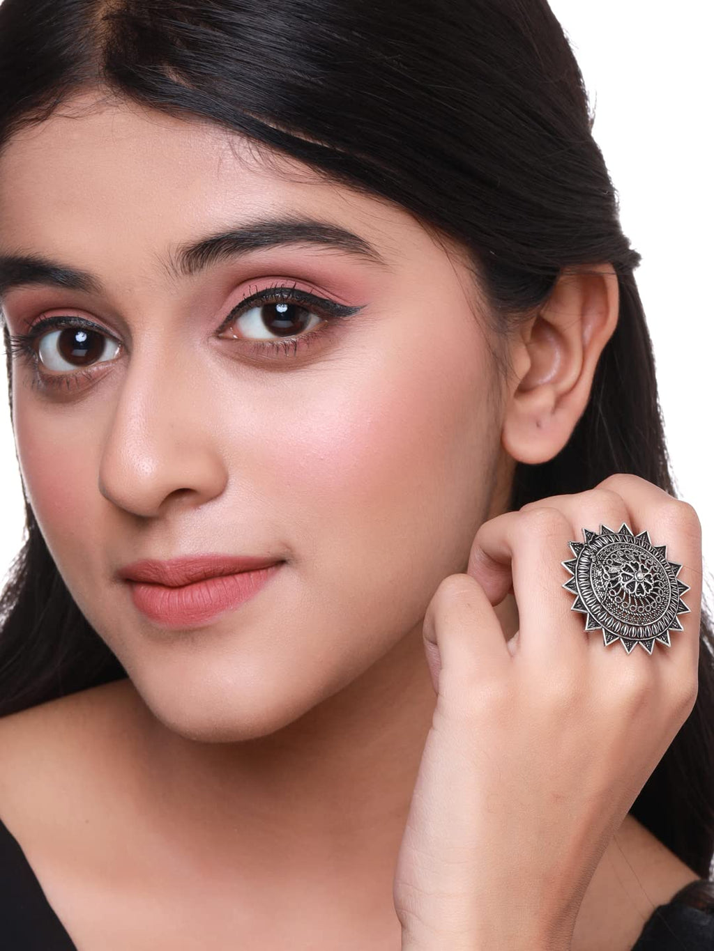 Silver Oxidised Floral Charm Finger Ring