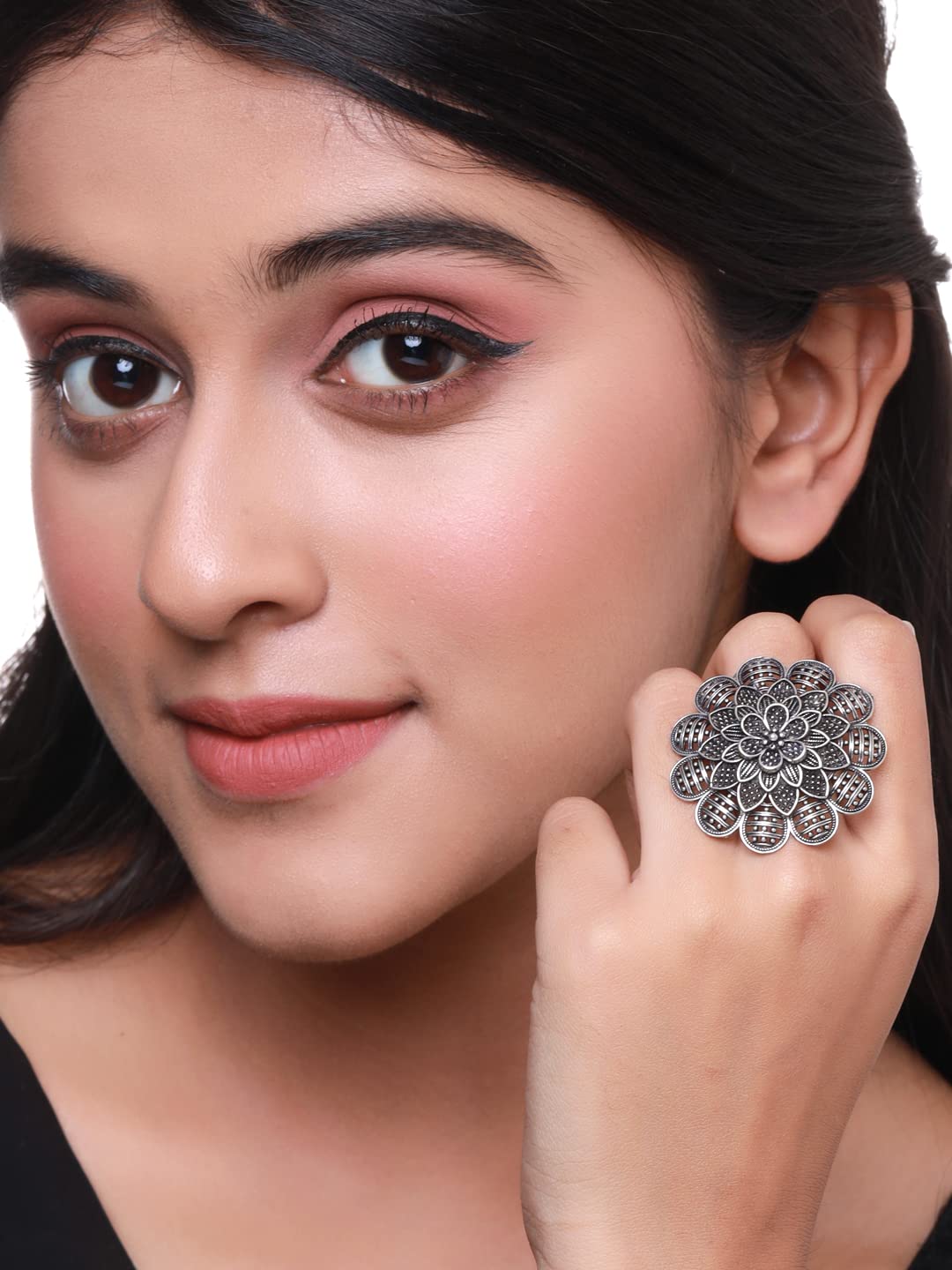 Silver Oxidised Floral Charm Finger Ring