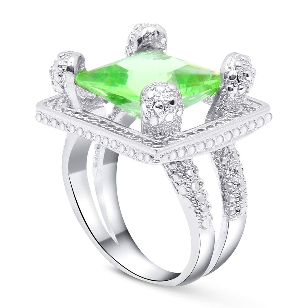 Silver Plated Light Green Emerald Square Ring
