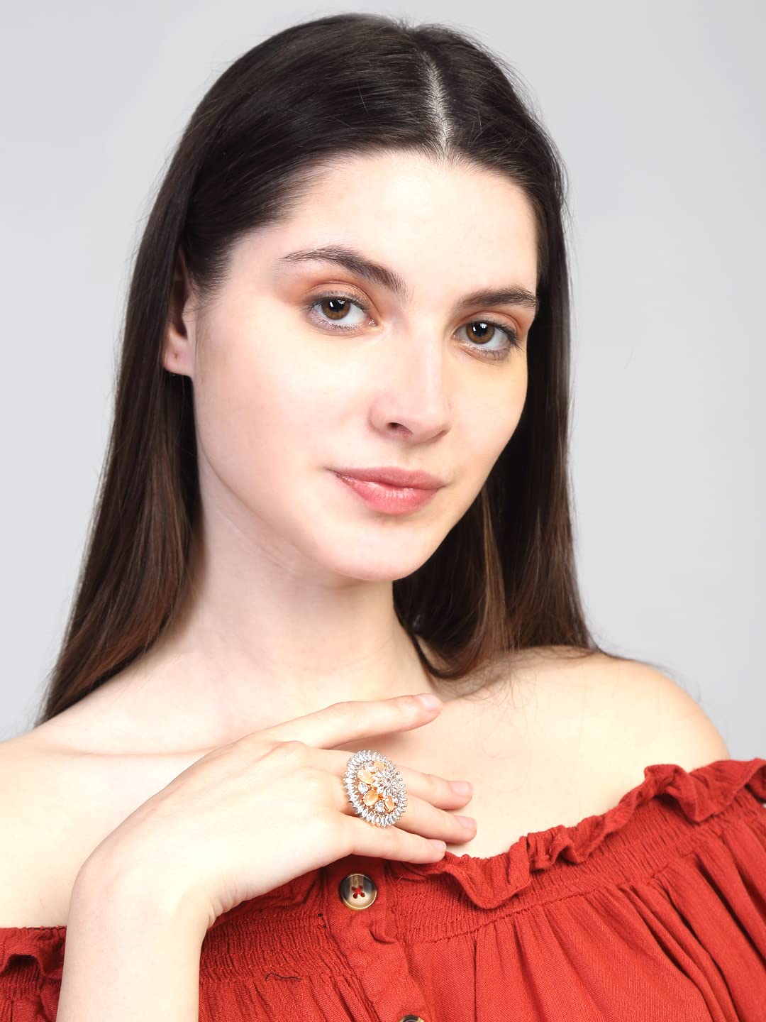 Rhodium Plated Floral AD Crystal Ring