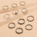 Silver Oxidised Ten Piece Boho Midi Finger Ring