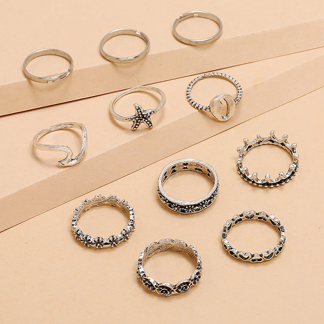 Silver Oxidised Ten Piece Boho Midi Finger Ring