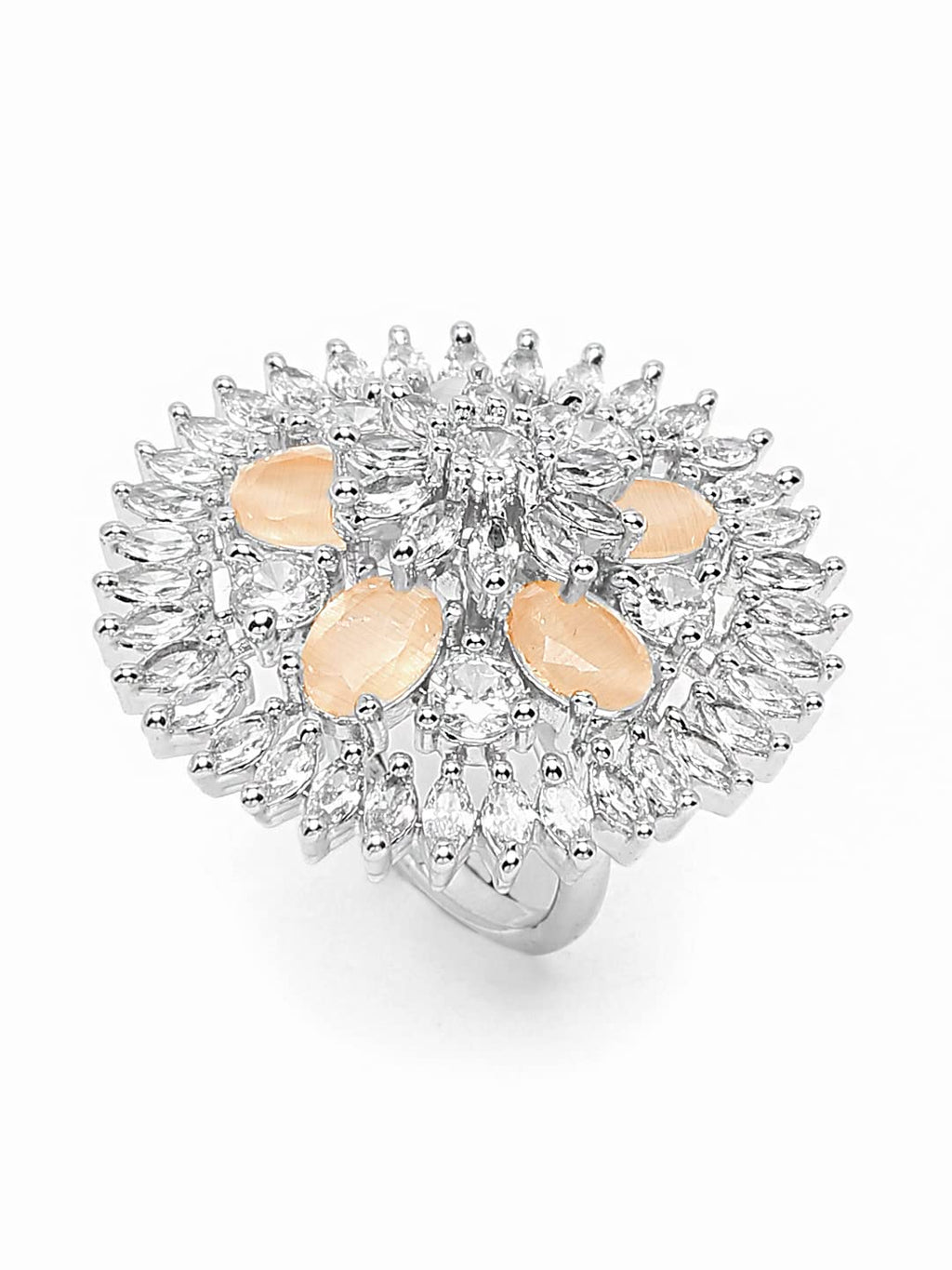 Rhodium Plated Floral AD Crystal Ring