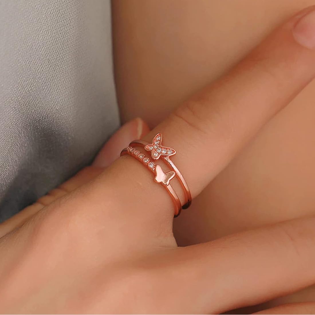 Rose Gold Three Piece Adjustable Crystal Ring