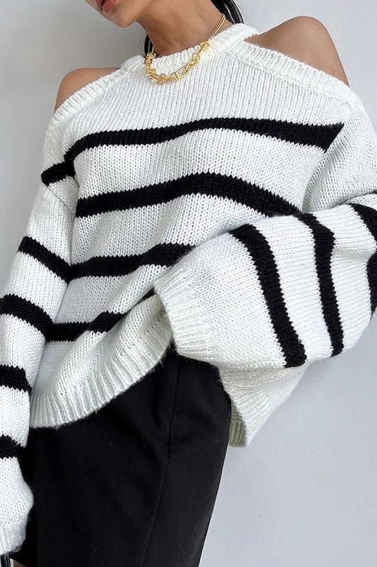 Striped Cutout Shoulder Sweater