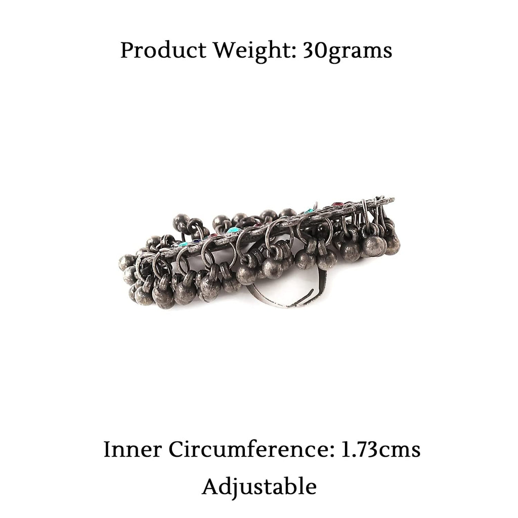 Oxidised Silver Multicolor Stone Ghungroo Ring