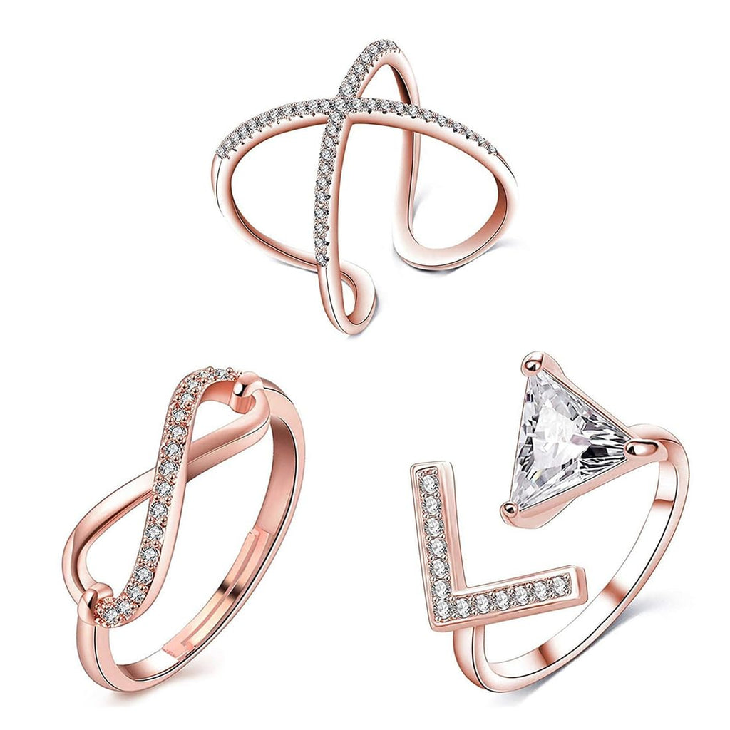 Rose Gold Adjustable Three Piece Crystal Ring