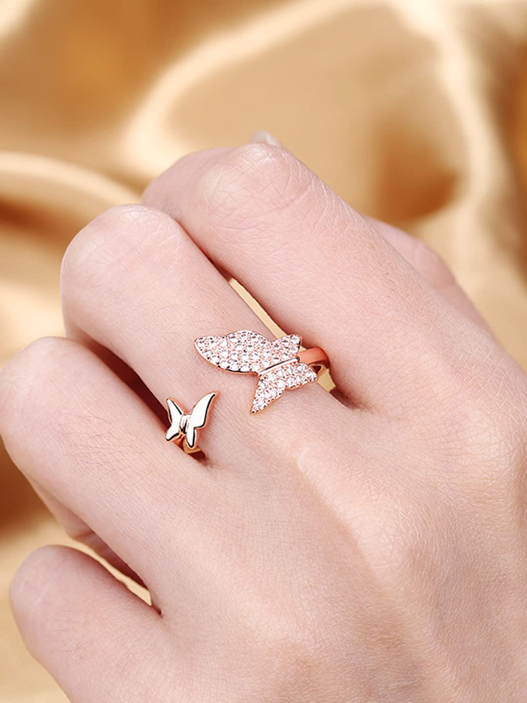 Rose Gold Adjustable Crystal Silver Ring