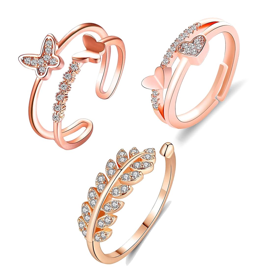Rose Gold Three Piece Adjustable Crystal Ring
