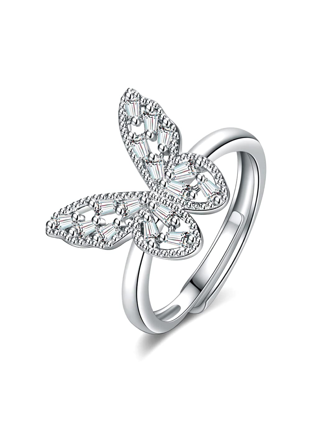 Rhodium Plated Butterfly Charm Finger Ring