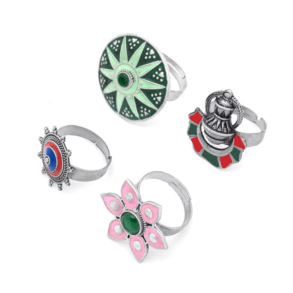 Silver Adjustable Four Piece Oxidised Ring