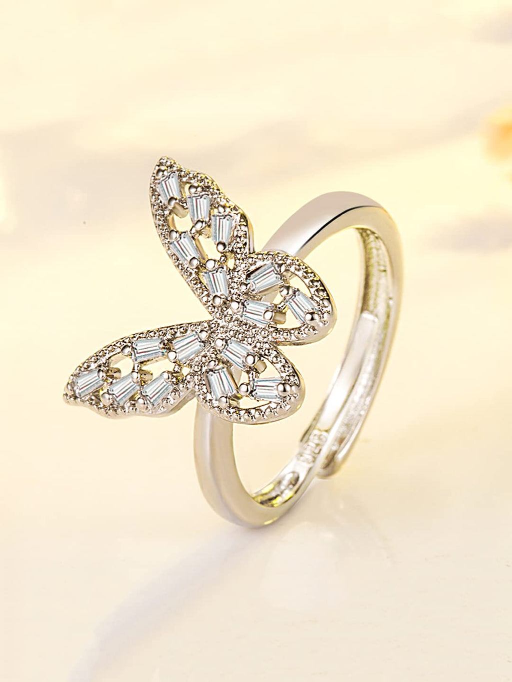 Rhodium Plated Butterfly Charm Finger Ring