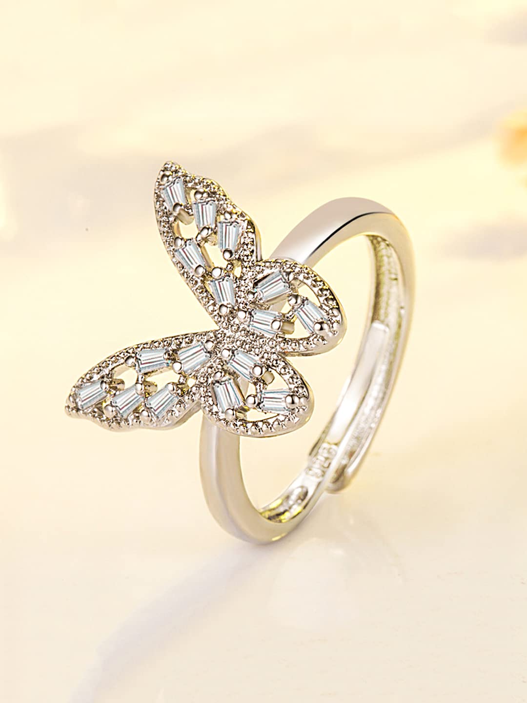 Rhodium Plated Butterfly Charm Finger Ring