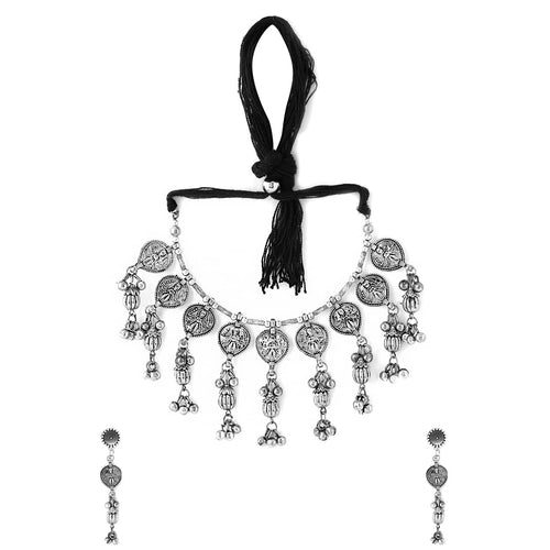Silver Oxidised Floral Choker Necklace