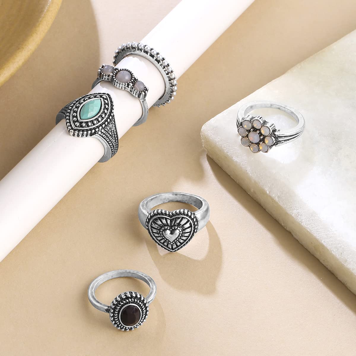Oxidised Silver Vintage Six Piece Midi Ring