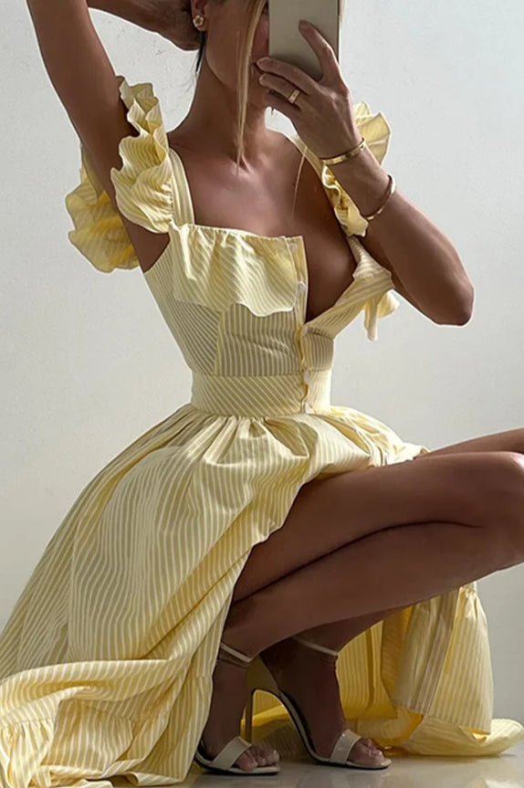 Ruffle Stripe Square Neck Floral Dress