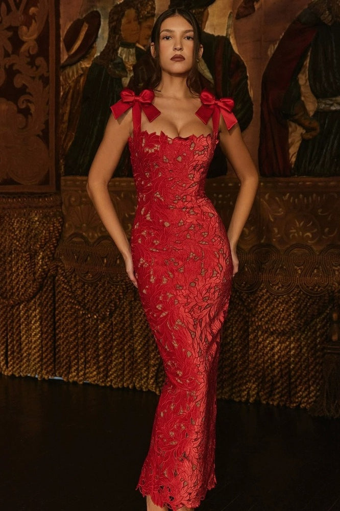 Alluring Hollow Slim Bow Lace Floral Dress