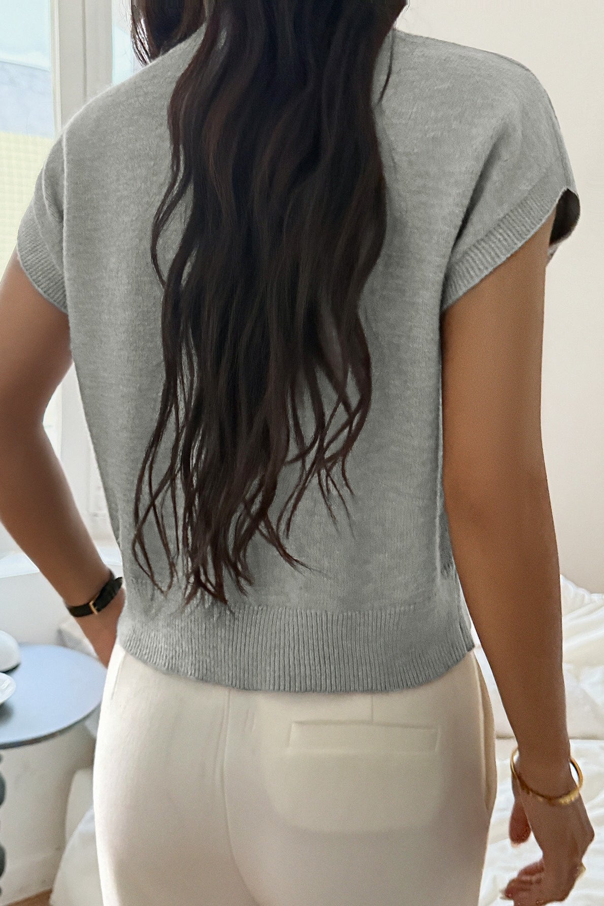 Deep V Short Sleeve Solid Sweater