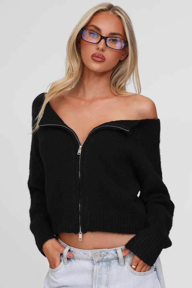 Off-Shoulder Double-Zip Slim Knit Cardigan
