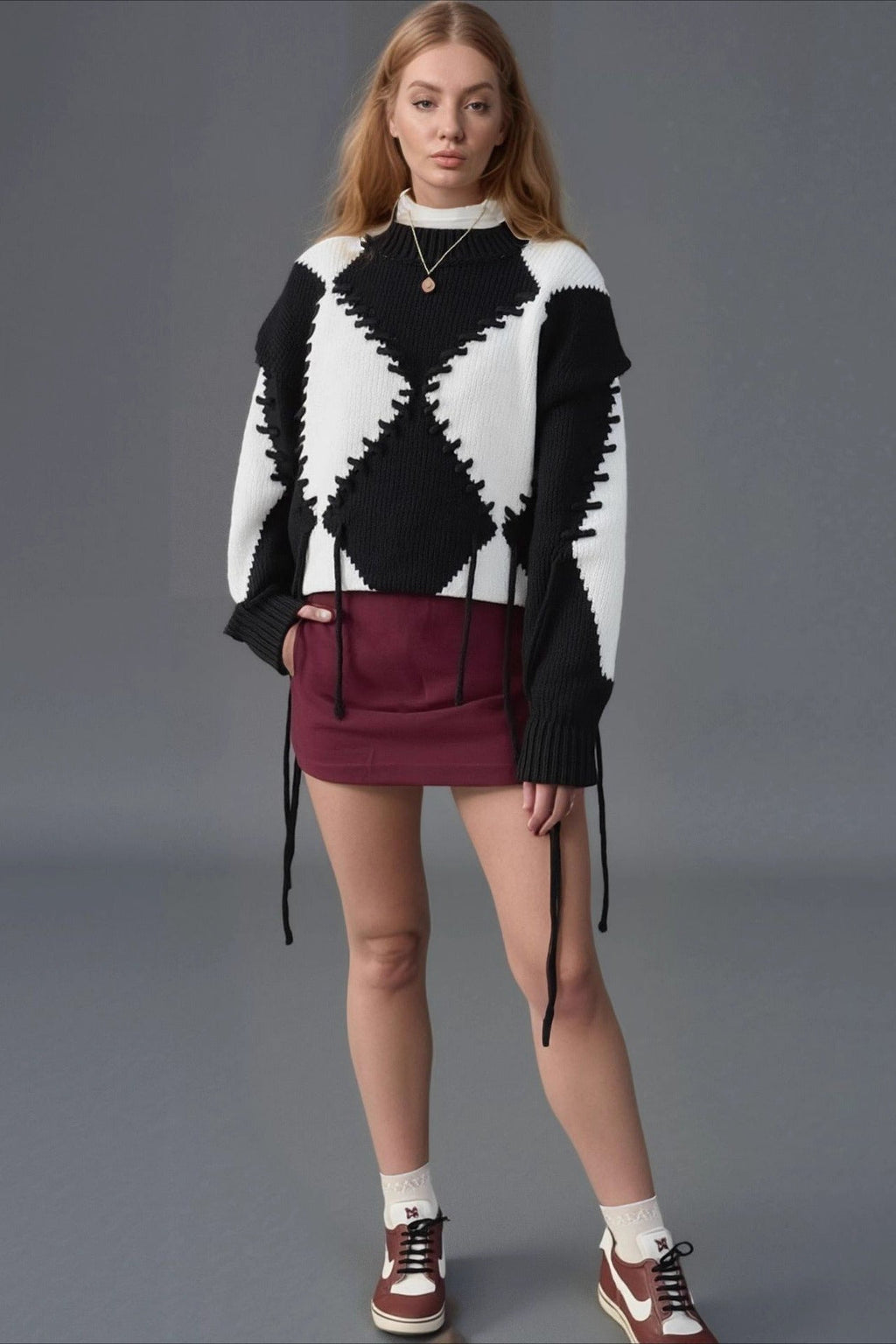 Rope Tie Patchwork Knit Sweater