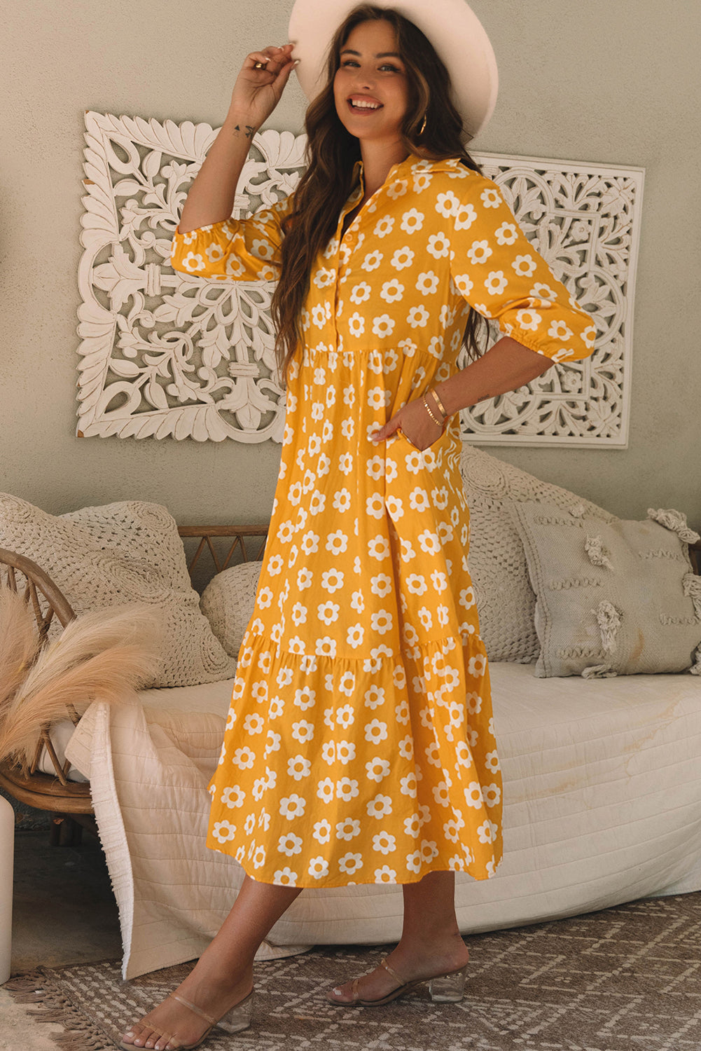 Yellow Flower Print Bracelet Sleeve Collared Maxi Dress
