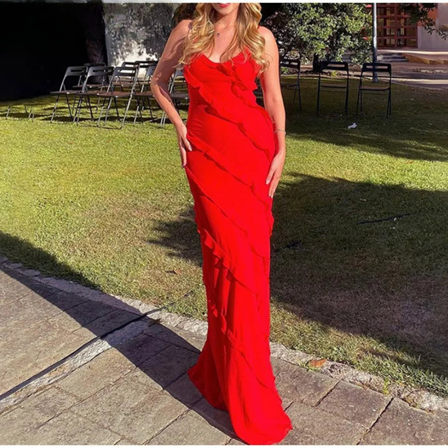 Chiffon Ruffle Backless Split Maxi Party Dress