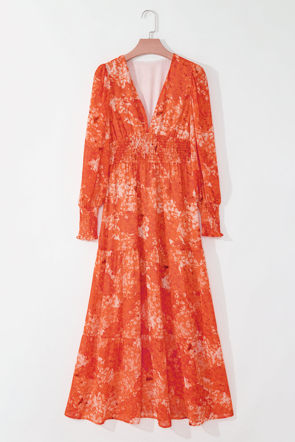 Orange Boho Floral Bishop Sleeve Tiered Maxi Dress