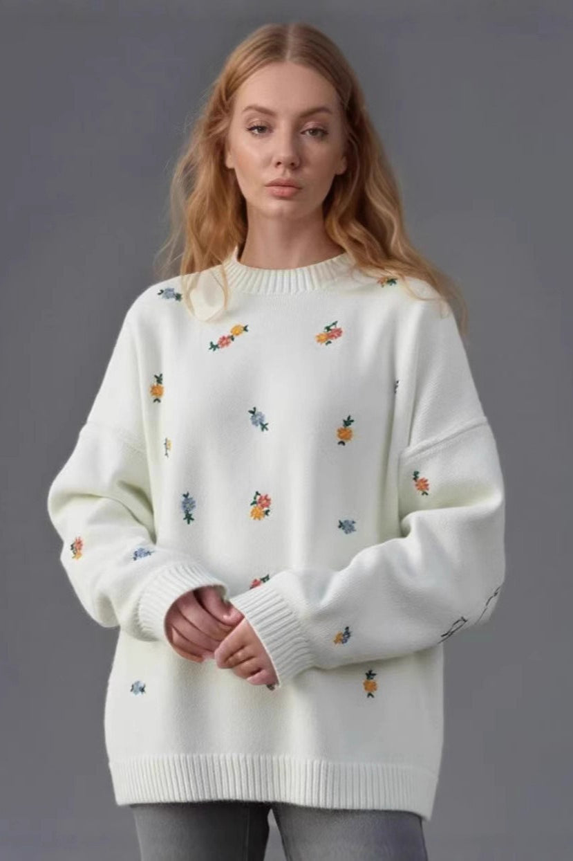 Embroidered Floral Crew Neck Sweater
