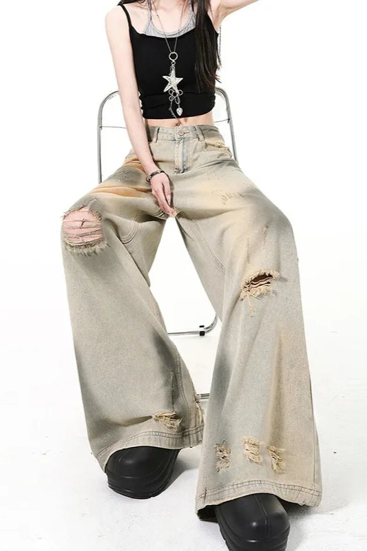 High Waist Distressed Denim Jean