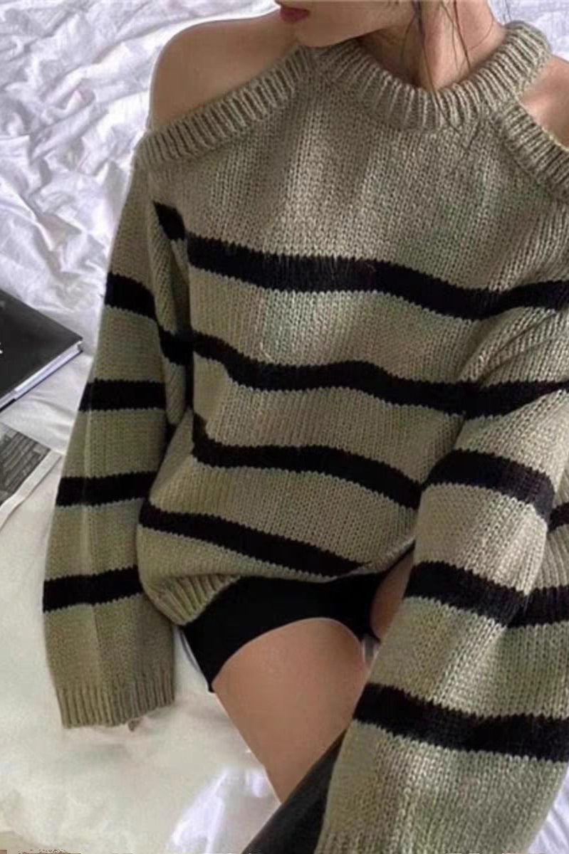 Striped Cutout Shoulder Sweater