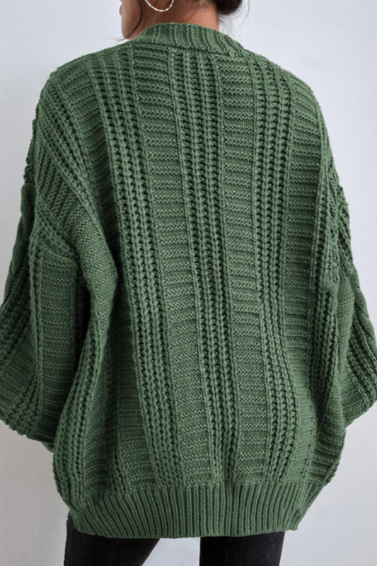 V-Neck Retro Cable Knit Puff Sleeve Cardigan